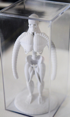 3D print of elephant weight lifter human hybrid skeleton at D&AD exhibition